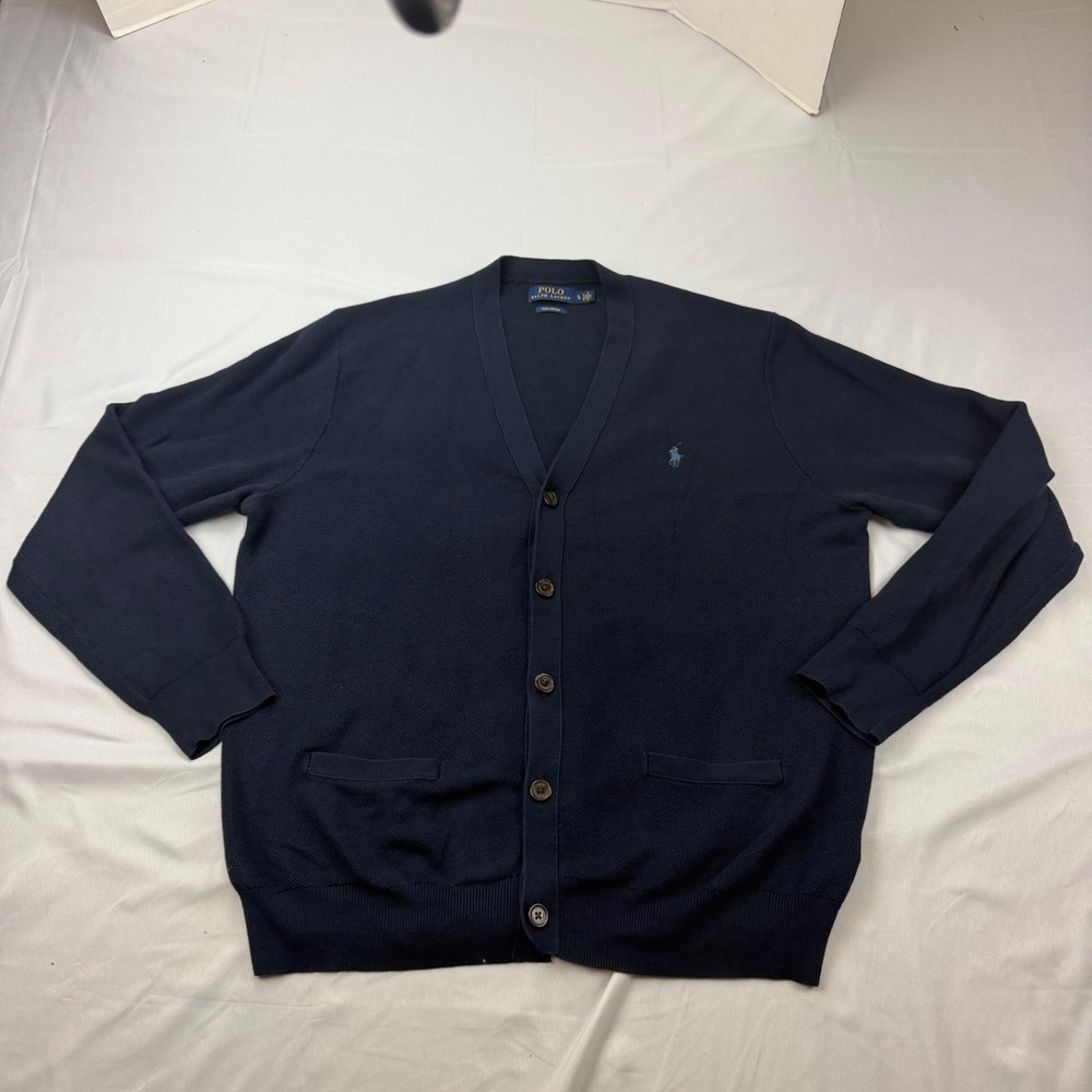 Polo Ralph Lauren Cardigan Mens XL Navy Blue Pima Cotton Waffle Knit Pony Logo
